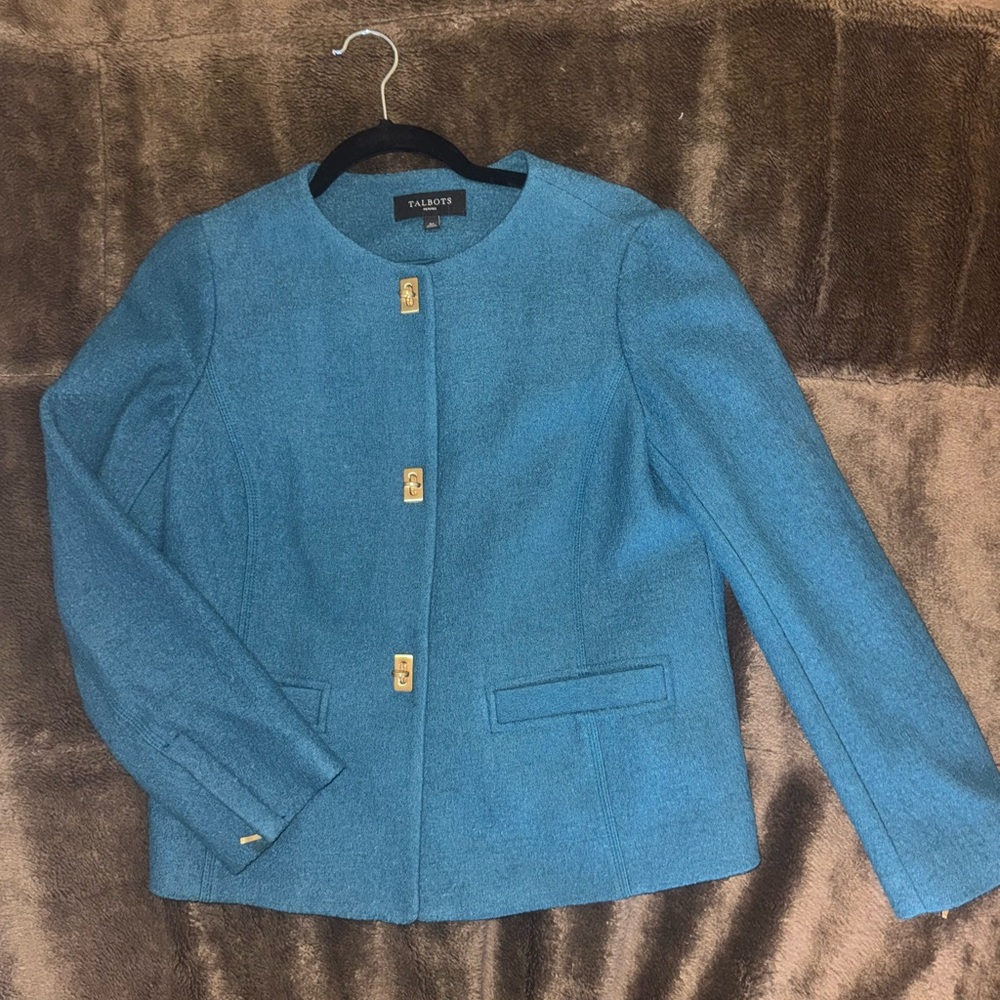 Talbots Teal collarless gold button jacket